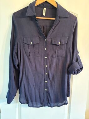 PerSeption Concept Navy Button-Front Women's Shirt with Chest Pockets